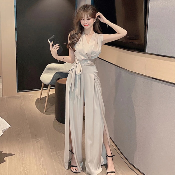 【急速出荷!】パーティードレス オールインワン サロペット ハイウェスト パンツ リボン スリット マキシ丈 Vネック ギャザー プリーツ ベージュ 着痩せ 高見え 韓国 ins人気 結婚式 二次会