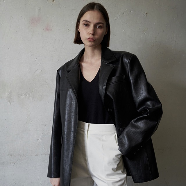 Single-Breasted Leather Blazer Black