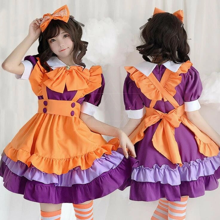 大きいサイズメイド服 膝丈 ロリータワンピース 可愛い ハロウィン コスプレ 変身仮装 半袖 メイドワンピース ティアードドレス リボン付き 学園祭 文化祭 イベント衣装 メイド cosplay オレ