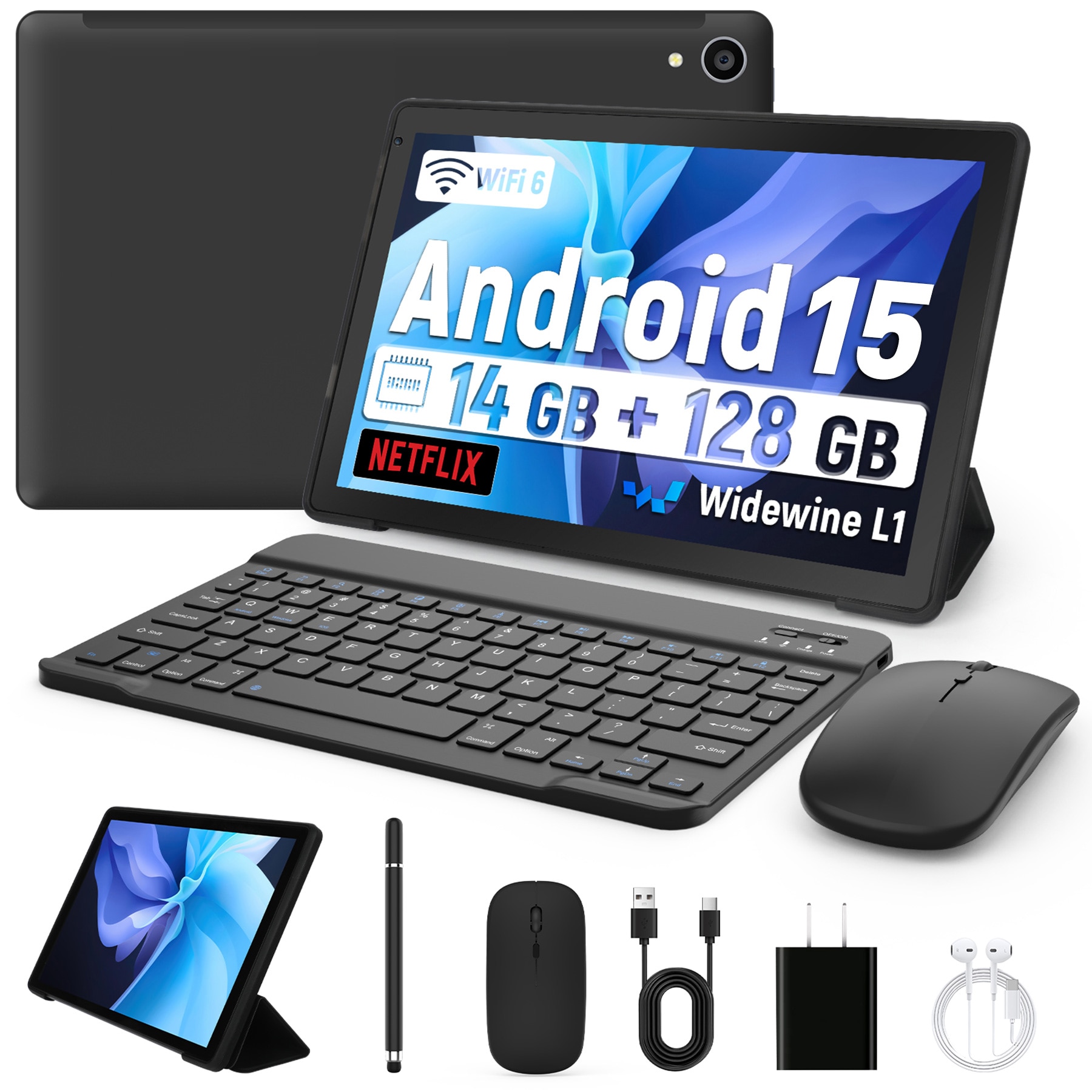 タブレット 豪華8点セット 10インチ Android 15 Wi-Fiモデル 24GB+128GB+1TB拡張 WiFi 6 GMS認証 児童守護 顔認識 ケース付き 子供 勉強 動画を見る ギフト