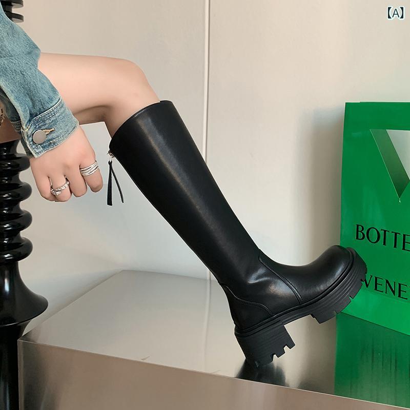 ロングブーツ レディース タイトフィット シンプル おしゃれ スタイルアップ 小柄 女性 太 ヒール 厚底 ナイト ブーツ レザー スリム V マウス ハイ ブーツ 裏起毛 シンプル