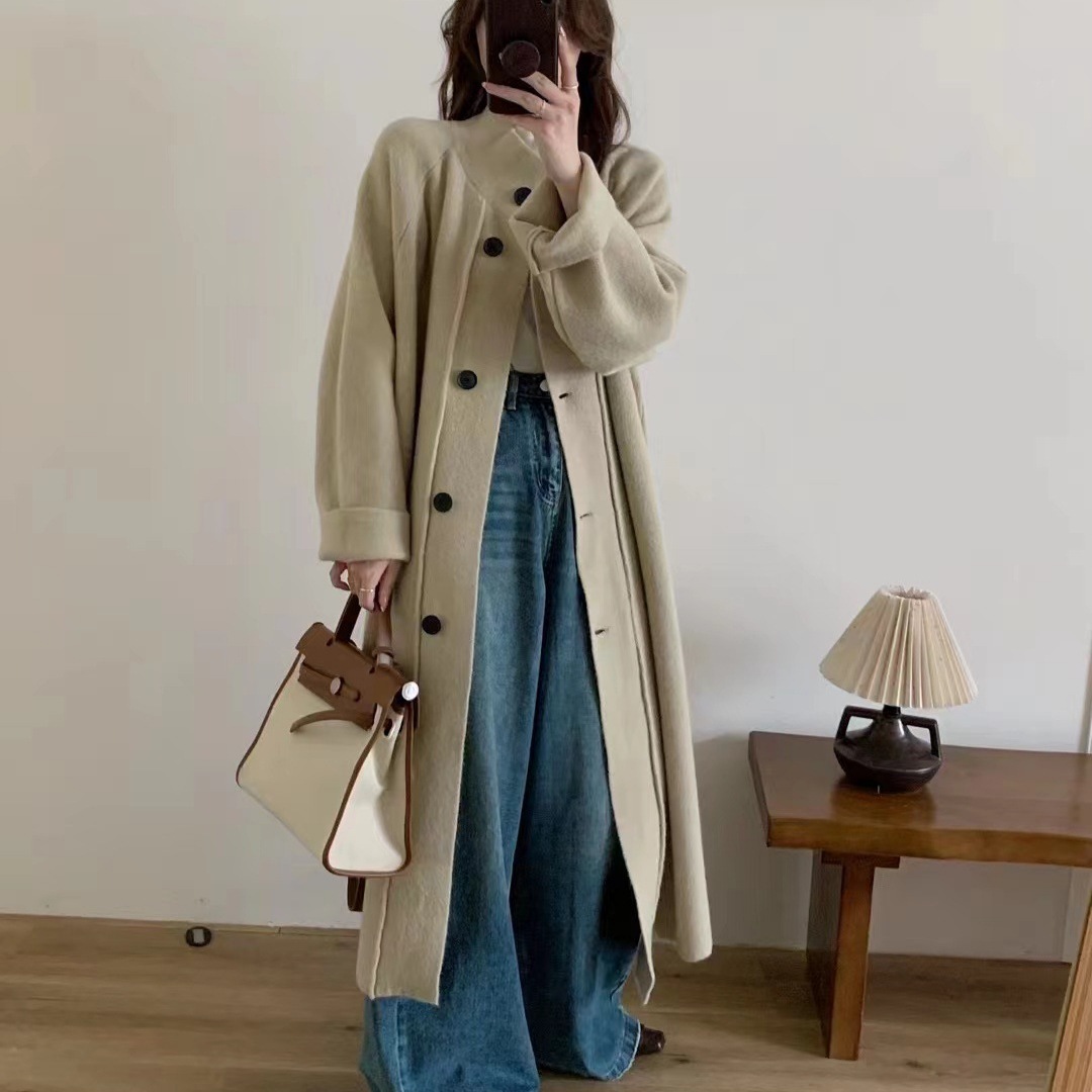 高級超美形冷たい気質怠惰なスタイルロングスタンドカラーニットジャケットレディース厚手セーター