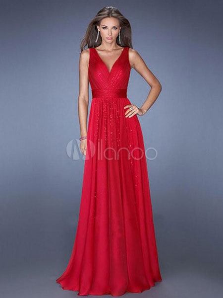 レッドマキシドレスディープVサッシパーティードレス