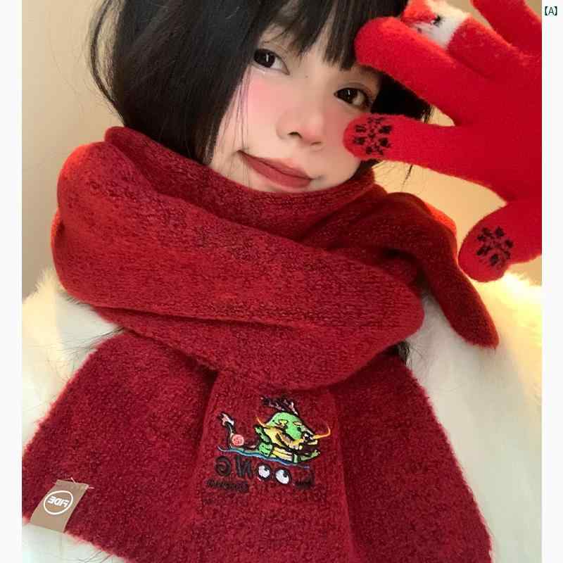 レディースファッション ファッション小物 オシャレ 冬 レッド 刺繍入り ニット ウール スカーフ 雰囲気 厚くし 暖かい ドラゴン スカーフ 防寒 し 使用 す