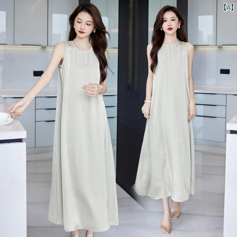 レディース ワンピース ロングドレス ノースリーブ 夏 ミモレ丈 シンプル エレガント ウエストシェイプ ループベルト スタイリッシュ フェミニン リラクシング シームレス 薄緑 黒