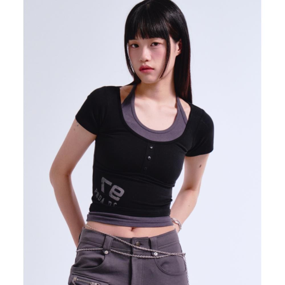 PRENDA SHIRRING HALTERNECK LAYERED TEE BLACK PRTVSURS33W