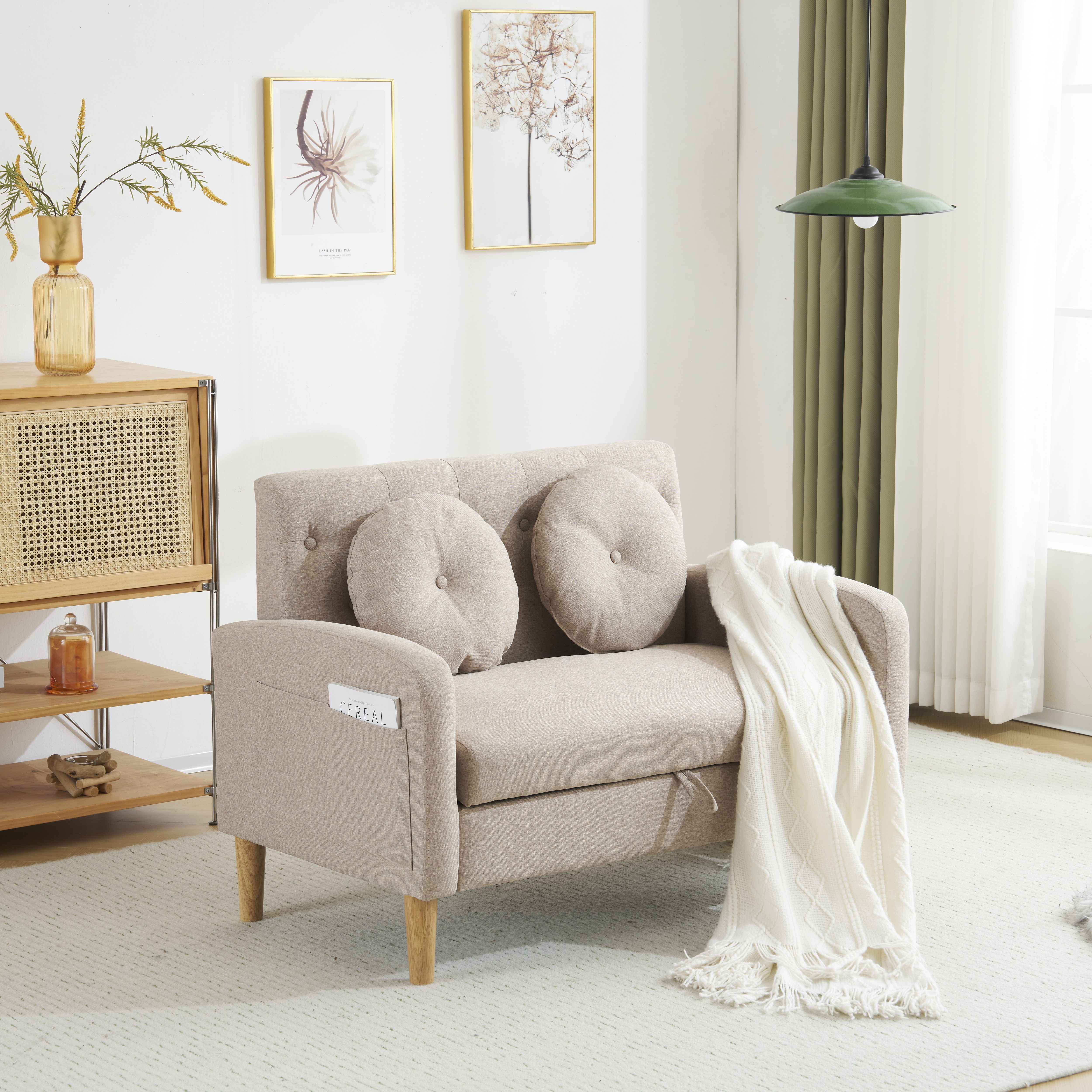 【大好評！最安値挑戦!】ソファ 2人掛け 収納機能 クッション2個付き ローソファGG4186 khaki FabricG10