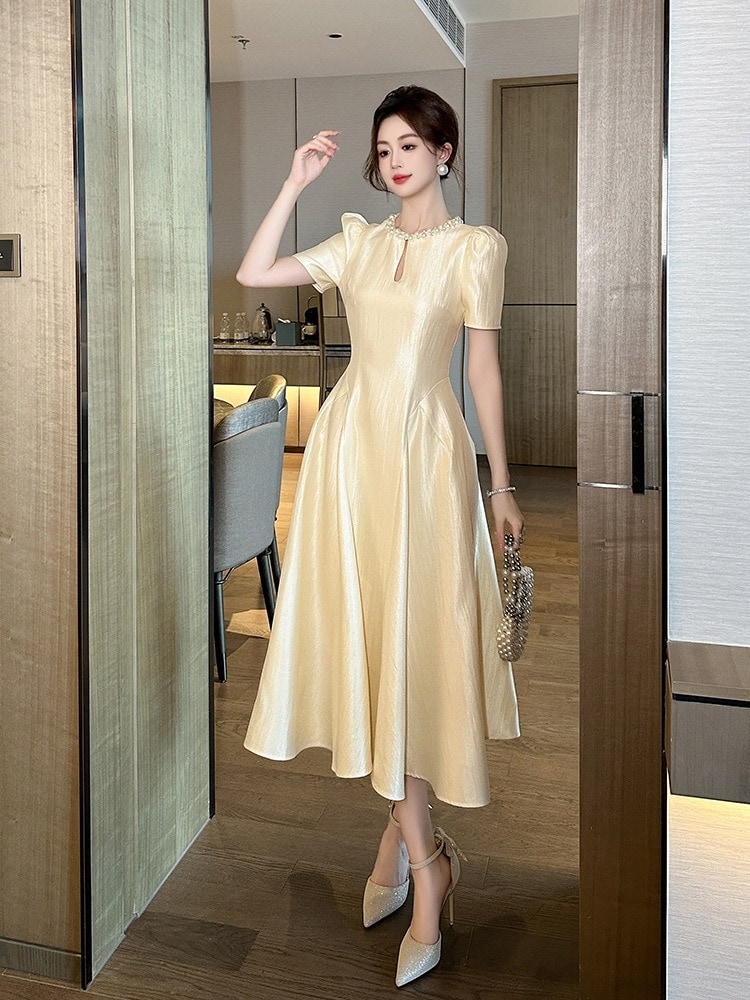 2024夏新品 シャンパン色 ロングワンピース ストレート ドレス パーティー キャバ 大人 同窓会 披露宴 卒業式 結婚式 演奏会 ウェディング 二次会 メガ割30%までに制限