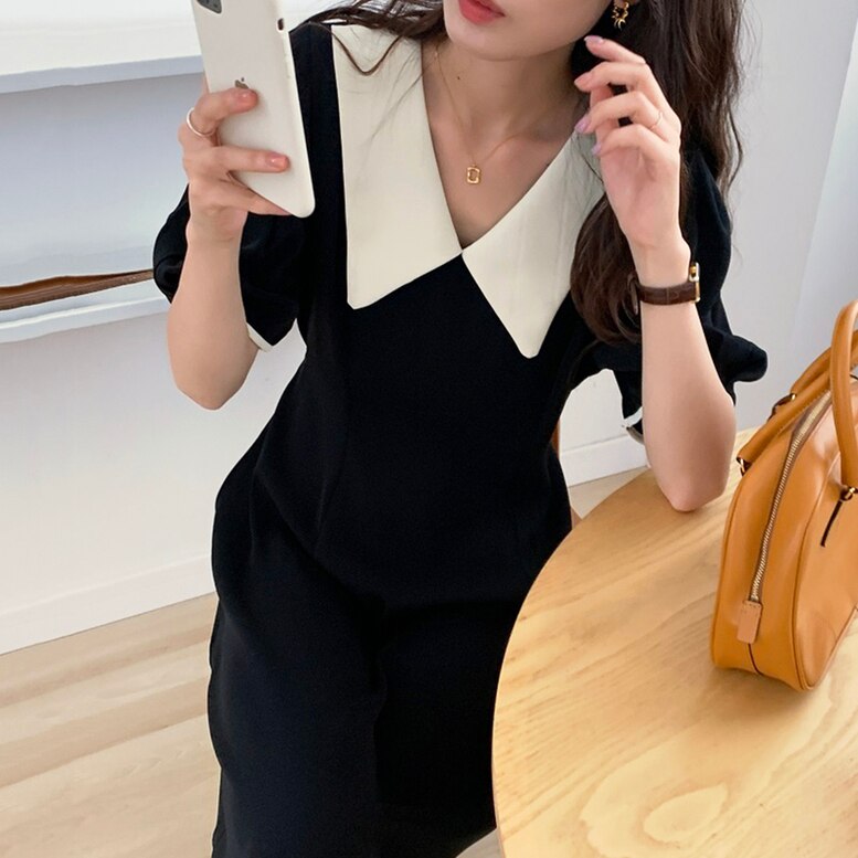 2color パフスリーブビッグカラーミモレワンピース dress シャツワンピース