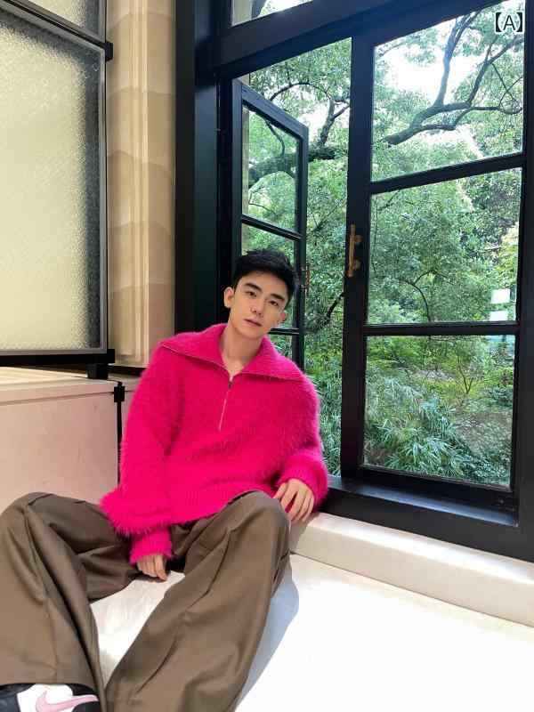 セーター メンズ ニット トップス 秋冬 ハーフジップ タートルネック ファッション カジュアル ピンク 韓国 5,226円