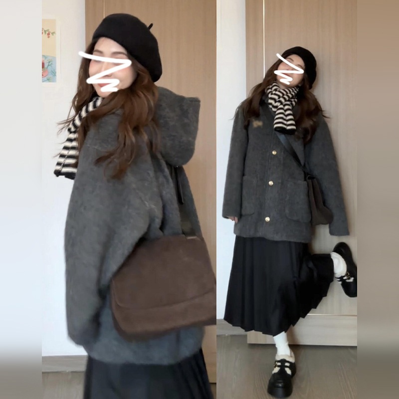 秋と冬の女性のためのレトログレーのフード付きウールジャケット新しいハイエンド韓国の太いゆるい短いコート 4,943円