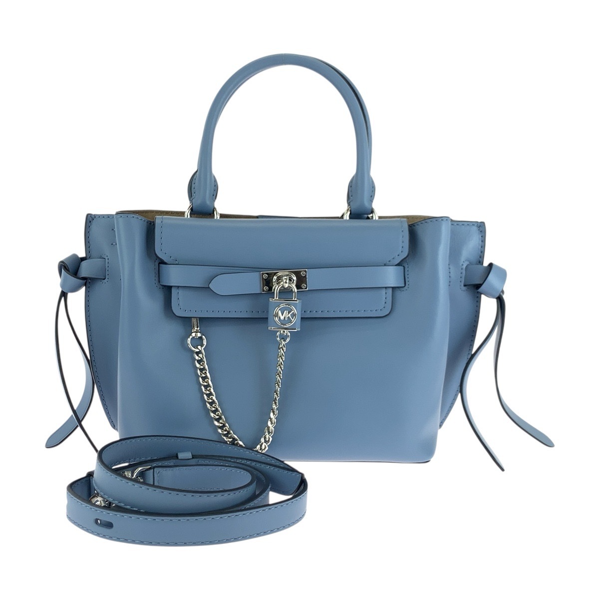 超美品 ハミルトンレガシー ベルテッドサッチェル スモール ブルー シルバー金具 レザー ハンドバッグ ショルダーバッグ 2way レディース 502747