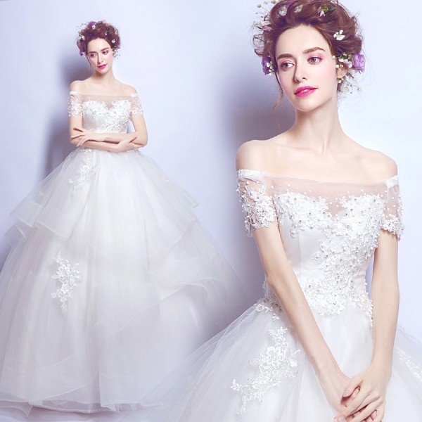 ウエディングドレス 結婚式 半袖 二次会 ウェディングドレス 安い プリンセス エンパイア 花嫁 ドレス 白 披露宴 ロングドレス ブライダル 姫系 新品