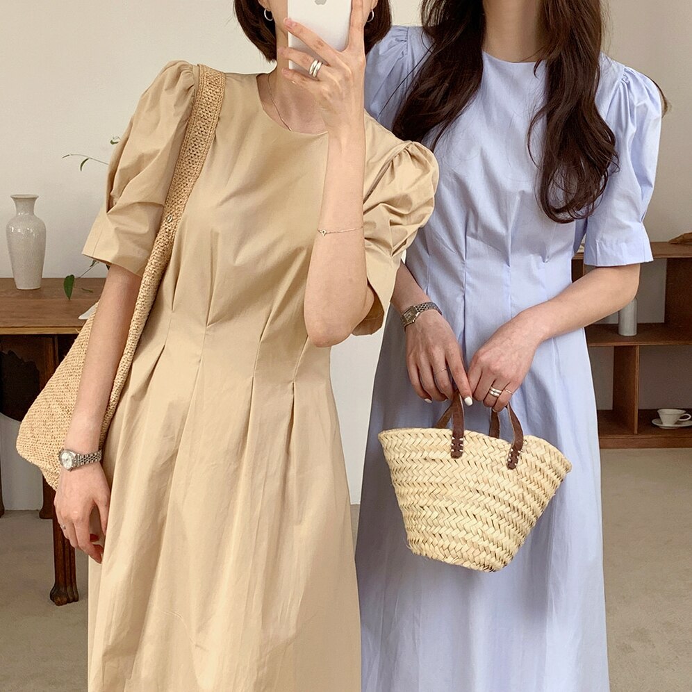 2color ワンピース ロングワンピース ロング丈 ロング ミモレ ミモレ丈 半袖 半そで パフス