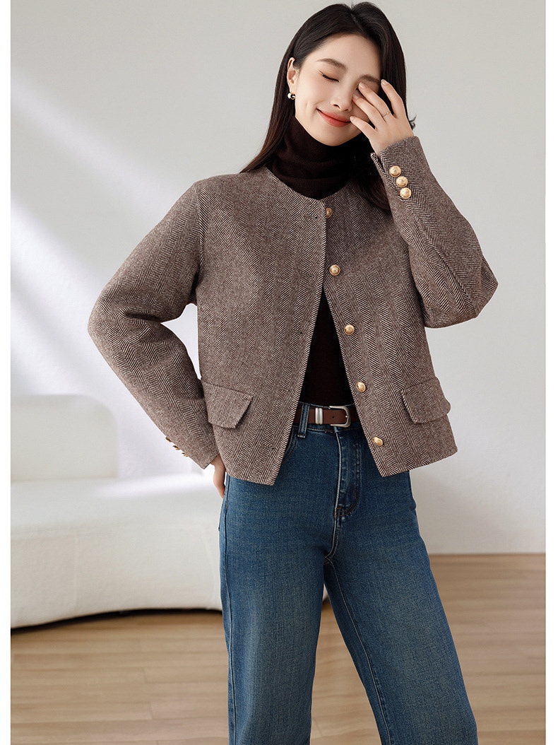 フレンチレトロな雰囲気のラウンドネックウールのラシャコート秋冬新作ショートコート婦人服