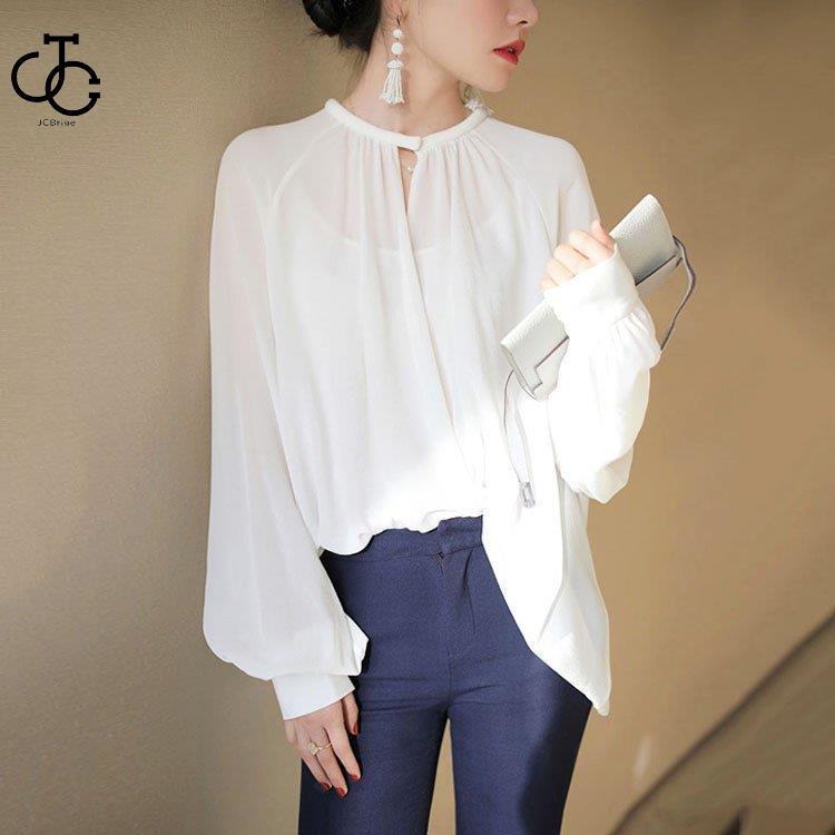 【急速出荷!】ブラウス レディース 40代 春夏秋新作 オシャレブラウス 白シフォンシャツ 長袖トップス パフスリーブブラウス シースルー 大人 上品 通勤L ゆったり Tシャツ30%までに制限