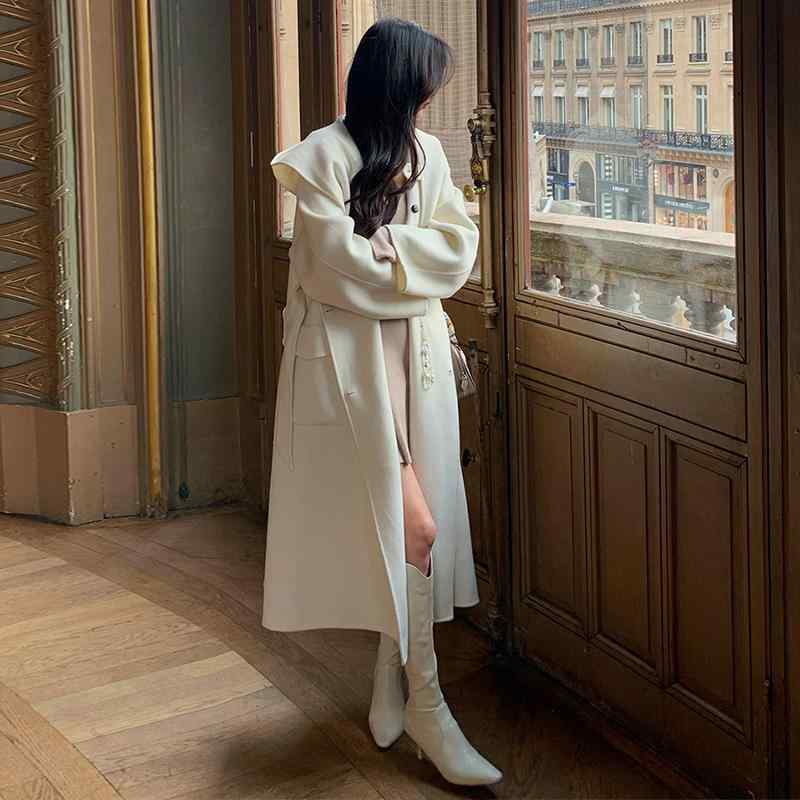 秋冬 コーデ レディース ファッション オシャレ 服 カワイイ シンプル 大人カワイイ 大きいサイズ 白 ウール コート 韓国スタイル ハイエンド ミドル丈 フード付き