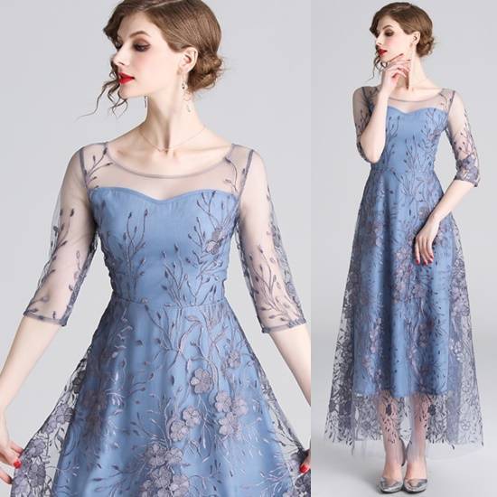 お得セットロングドレス パーティードレス ロング 結婚式 演奏会 パーティー お呼ばれ 二次会 ロングドレス イブニング 花柄 五分袖 透け感 チュール 刺繍 エレガント 華やか 20代 30代 大き