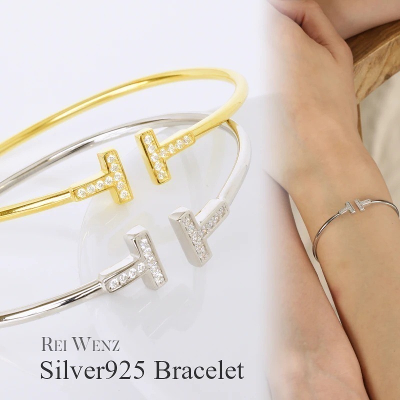 T バングル レディース シルバー レディース ゴールド Sier925 CZダイヤモンド K18GP ブランド プレゼント 人気 重ね