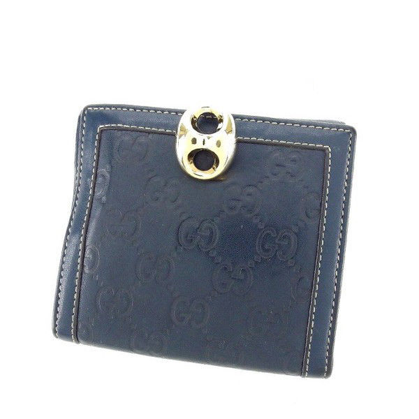 Wホック財布 二つ折り コンパクトサイズ グッチシマ 金具クリップ付き ネイビー ライトゴールド 中古
