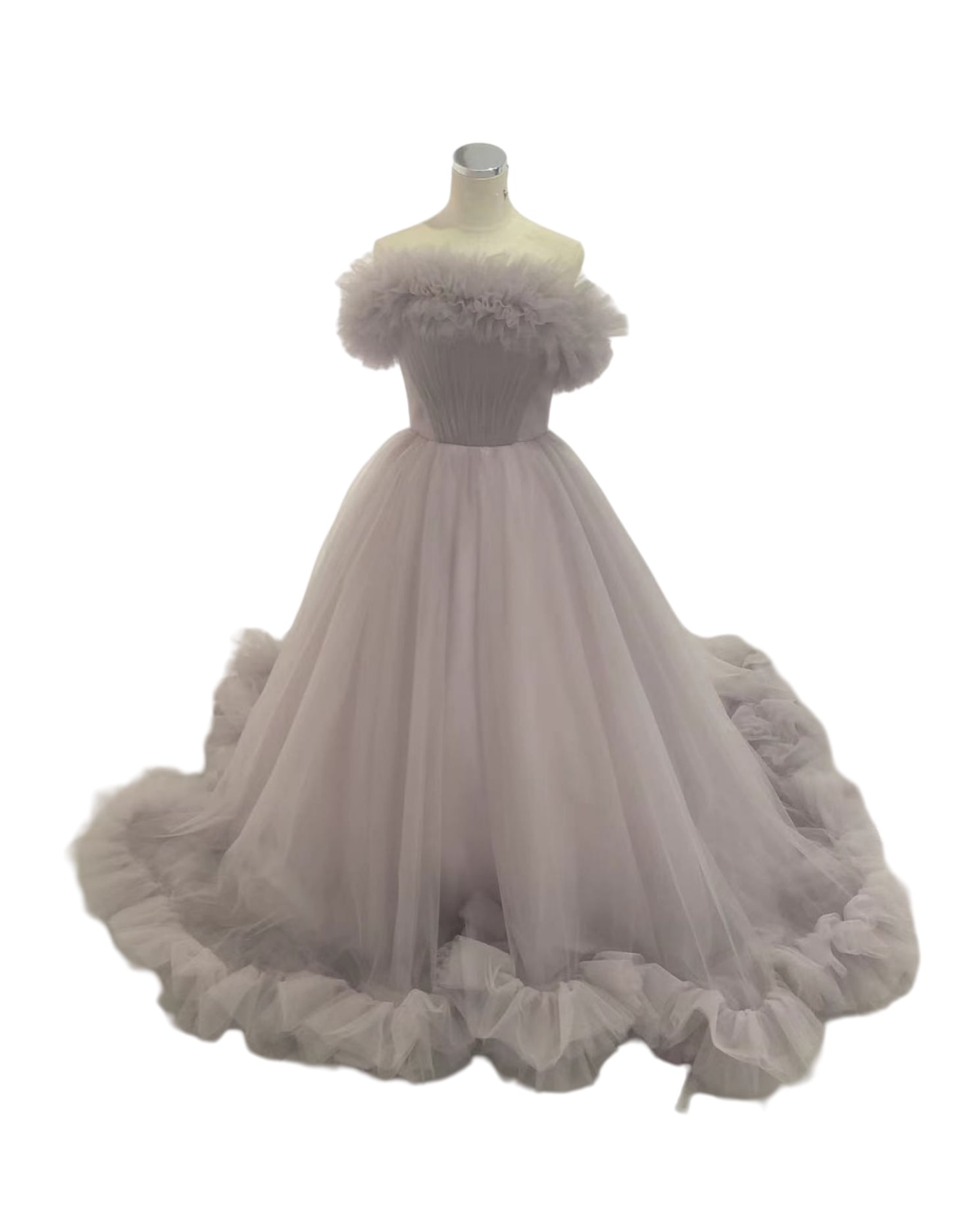 大好評中！カラードレス うすむらさき オフショルダー ラッフルフリル 華やかなトレーン 編み上げ 前撮り 32,494円