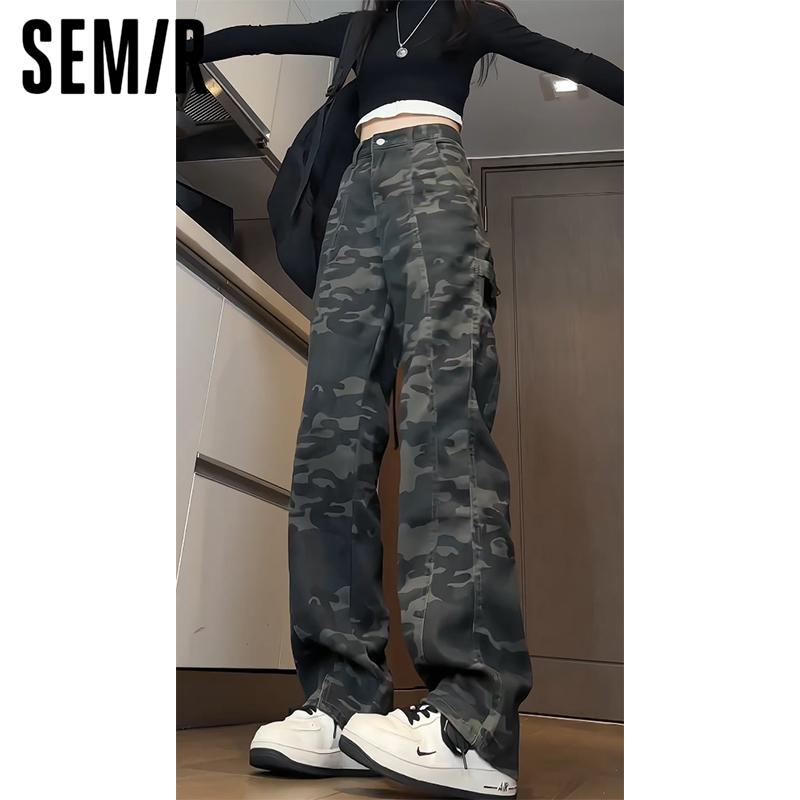 デニムパンツ レディース ボトムス ジーンズ アウトドア ストレート スリム ハイウエスト ワイド 春秋 迷彩