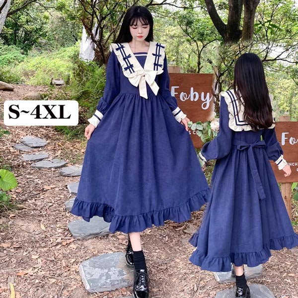 長袖 ワンピース 制服 JK服 女子高生 スクールウェア 学園祭 文化祭 ラージサイズ M-4XL Aライン レディース 春 秋制服 学院風 ロリータ 可愛い ネイビーコスプレ ハロウィン