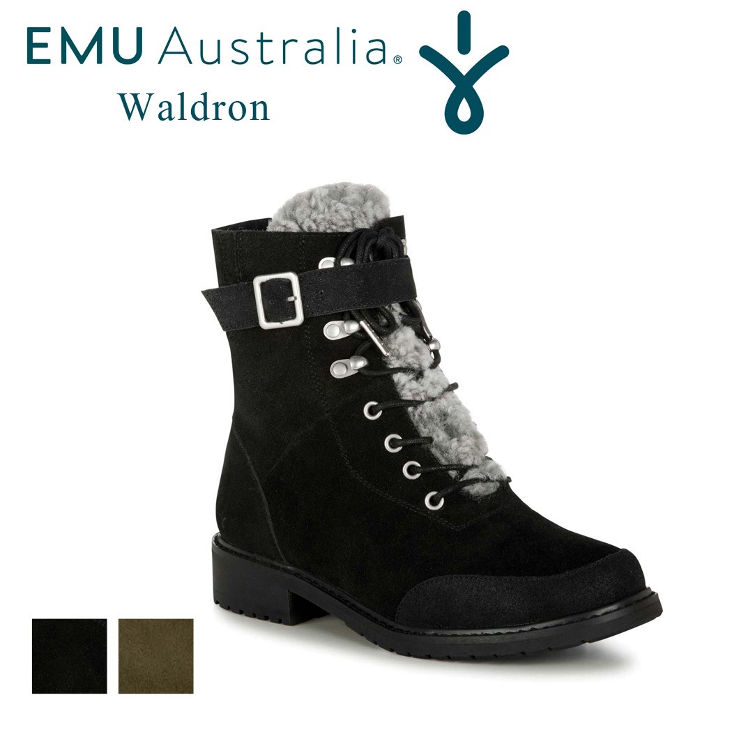 EMU Austraria レースアップ ブーツ Waldron レディース 秋冬 ムートン ジョッキー ローヒール 女性用 カジュアル 通気性あり 防風 防寒 防水 撥水 スエード ウォータープルー