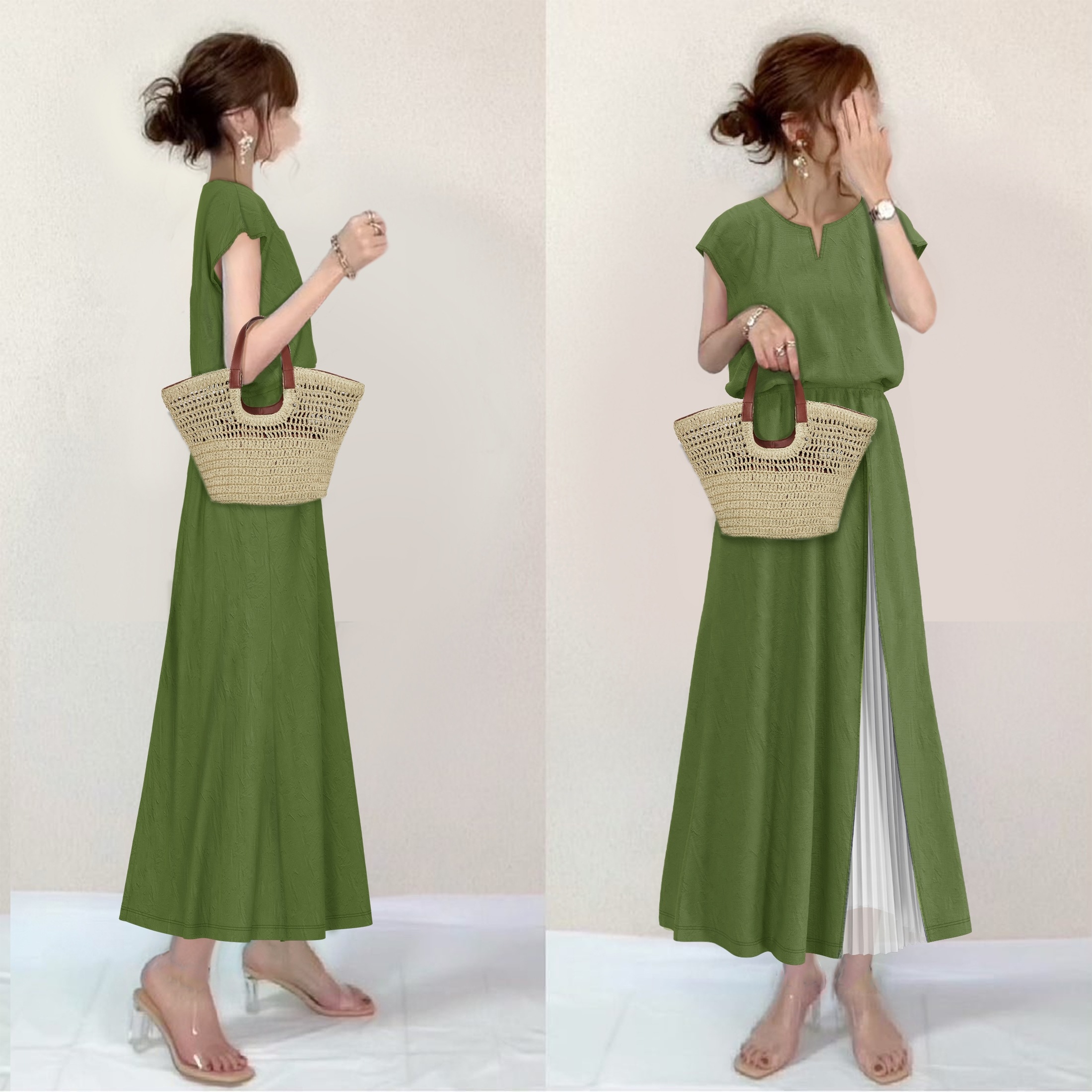 【一番安い新作】 気質アップ 配色 スリット シンプル ラウンドネック ロング カジュアルワンピース