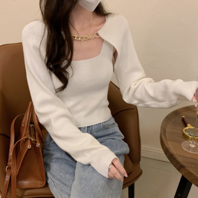 トップス デート ニットソー カーディガン キャミソール ショート ショート丈 袖あり 長袖 スリム タイト 細身 かわいい 大人可愛い きれいめ シンプル カジュアル 大人 上品 おしゃれ お洒落