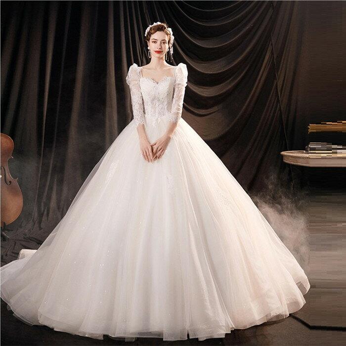 ウエディングドレス 長袖 袖あり 二次会 ウェディグドレス 海外挙式 前撮り 花嫁 結婚式 ブライダル 披露宴 ロングドレス お姫様 トレーン プリンセスドレス