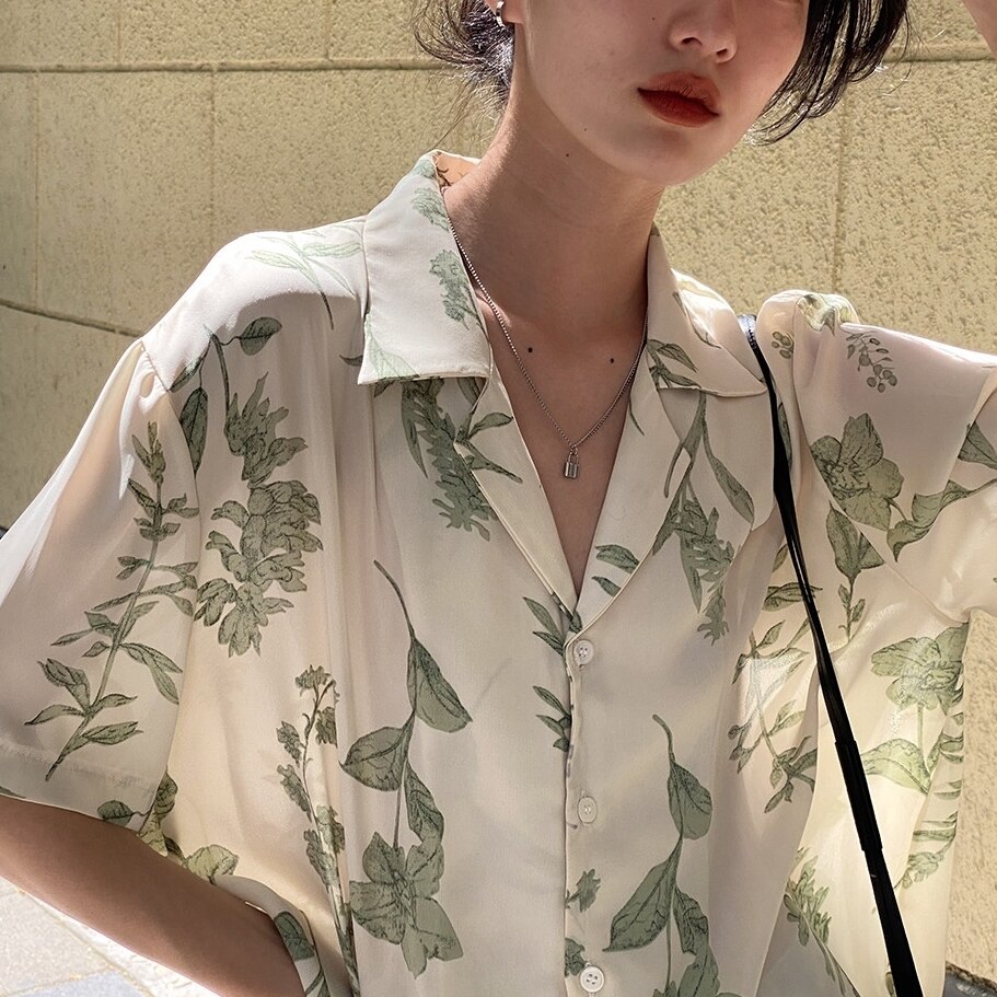 シャツ ブラウス レディース 春夏 30代 40代 半袖 グリーン ブラック 花柄 アロハ オーバー