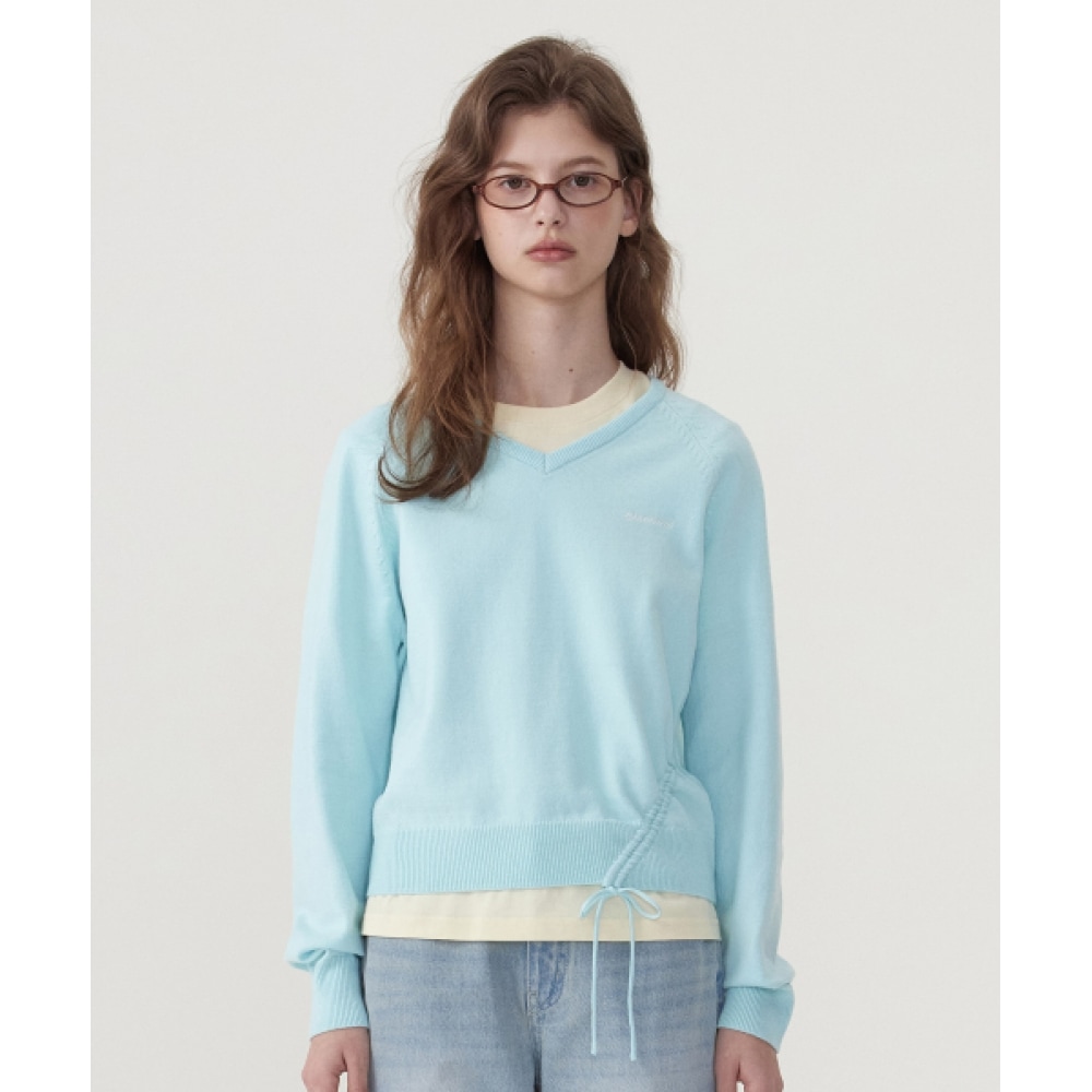 COVERNAT 女性用シャーリング Vネックニットスカイブルー