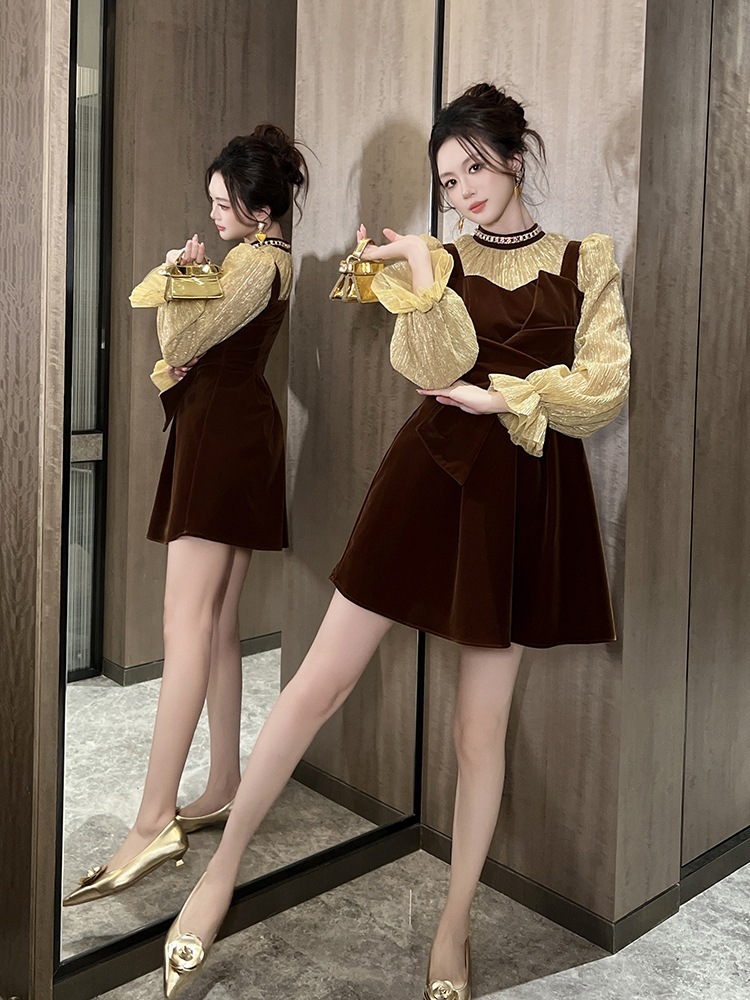 【JY.上品】 秋 フリル ワンピース ニセ2セット 長袖 ドレス パーティー キャバ 大人 同窓会 披露宴 卒業式 結婚式 演奏会 ウェディング 二次会 メガ割