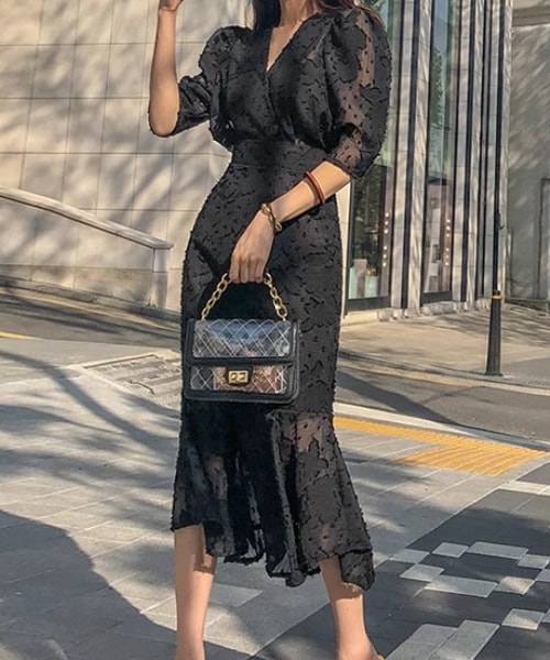 レディース ドレス パーティードレス ブラックドレス パーティー 結婚式 ミモレ 5分袖 パフスリーブ Vネック マーメイド タイト レース フリル ファスナー ハイウエスト 透け感 薄手 上品