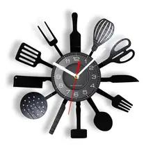 ヴィンテージキッチンカトラリービニールレコード壁時計スプーンフォークナイフキッチン壁時計食器装飾時計グルメギフト