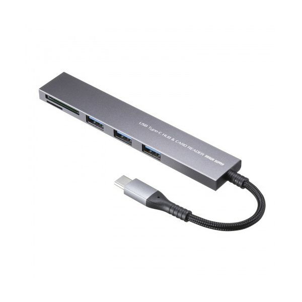 （まとめ） サンワサプライ USB 5Gbps 3ポート スリム ハブ（カードリーダー付き/Type-C接続） USB-3TCHC20MS 1個 [x2セット]