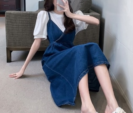 半袖Tシャツ＋デニムジャンバースカートセット トップス ロング丈 袖あり 綿 半袖 爽やか 大人スタイル 大人可愛い きれいめ シンプル カジュアル 大人 上品 おしゃれ かっこいい レトロ アジアン 6,073円