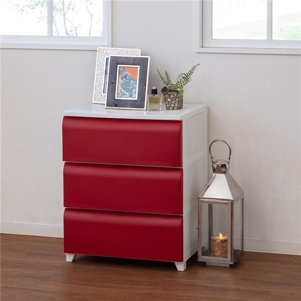 ホコリが入りにくい nodus 3段ワイドチェスト レッド 組立式