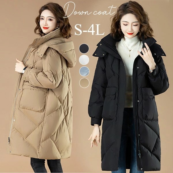 ダウンコート レディース ダウンジャケット 80％ダウン Aライン 帽子付き フード 母親 着痩せ 大きいサイズ 黒 ブラック 厚手 冬服 防寒着 おしゃれ S M L LL 3L 4L きれいめ 着