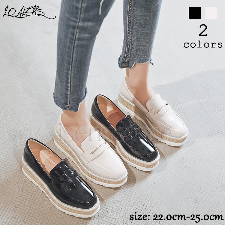 イベント特典 プラットフォームシューズ シンプル 厚底 ウェッジ おじ靴 レディース ローファー クッションインソール 3cmインソール エナメル 靴 通勤 通学 おしゃれ