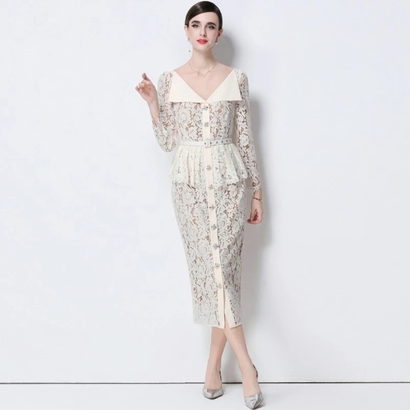 ビーズ付きレース透かしワンピース（ロングスリーブ・秋用） 入学式 卒業式 結婚式 演奏会 パーーティー お呼ばれドレス