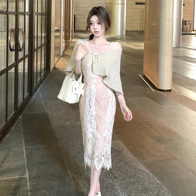 2024春夏ニットケープ×レースワンピースセット安い 5,385円