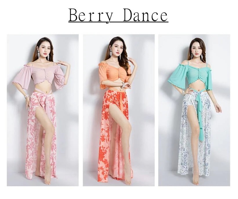 ベリーダンス 衣装 上下セット へそ出し フレア袖トップス ボートネック 花柄スカート
