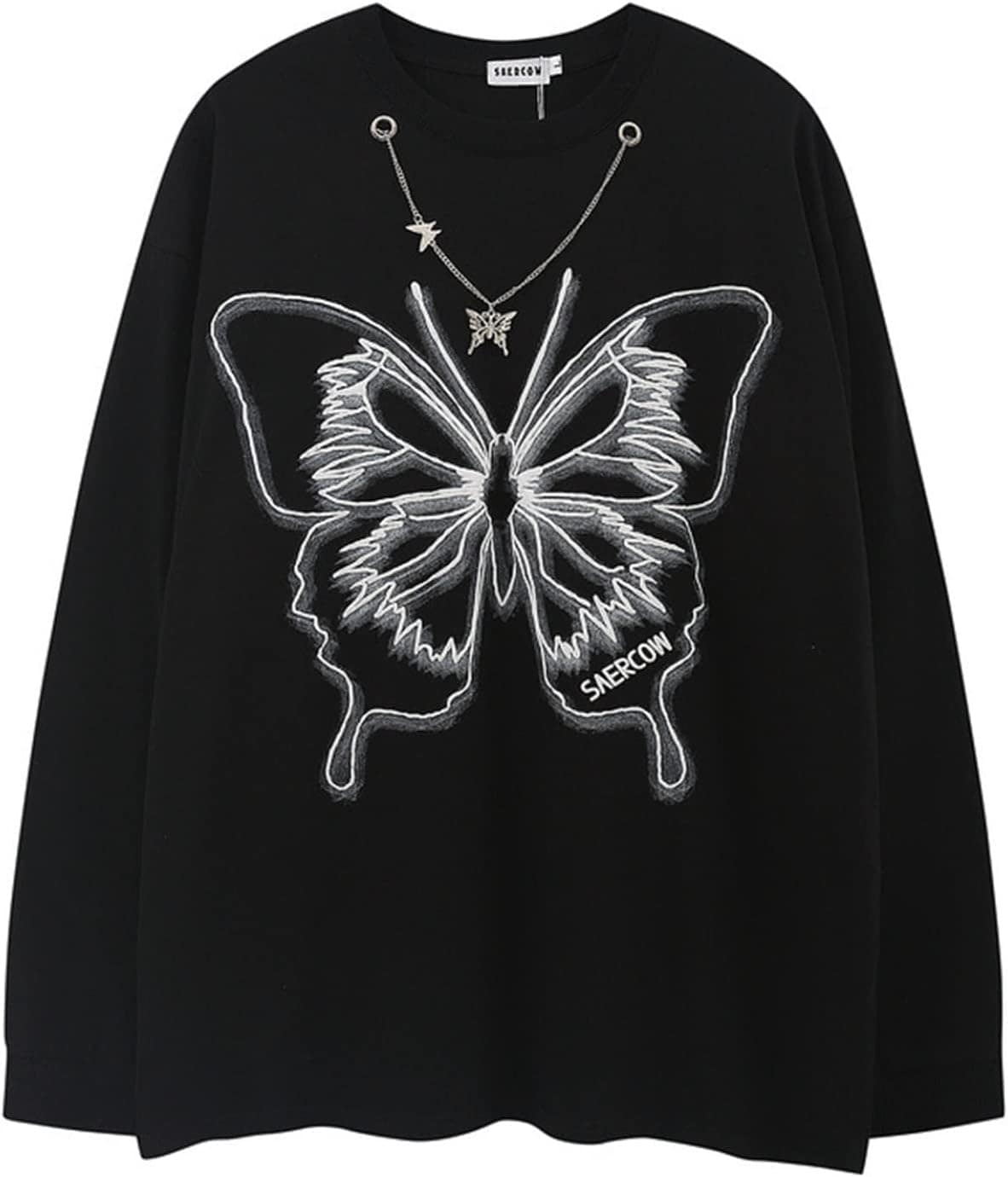 メンズ レディース 長袖シャツ パーカー インナー プルオーバー 胡蝶柄 チェーン飾り ファッション 通気 薄手 伸縮性 クルーネック 体型パカー トップス トレーナー 柔らかい カジュアル