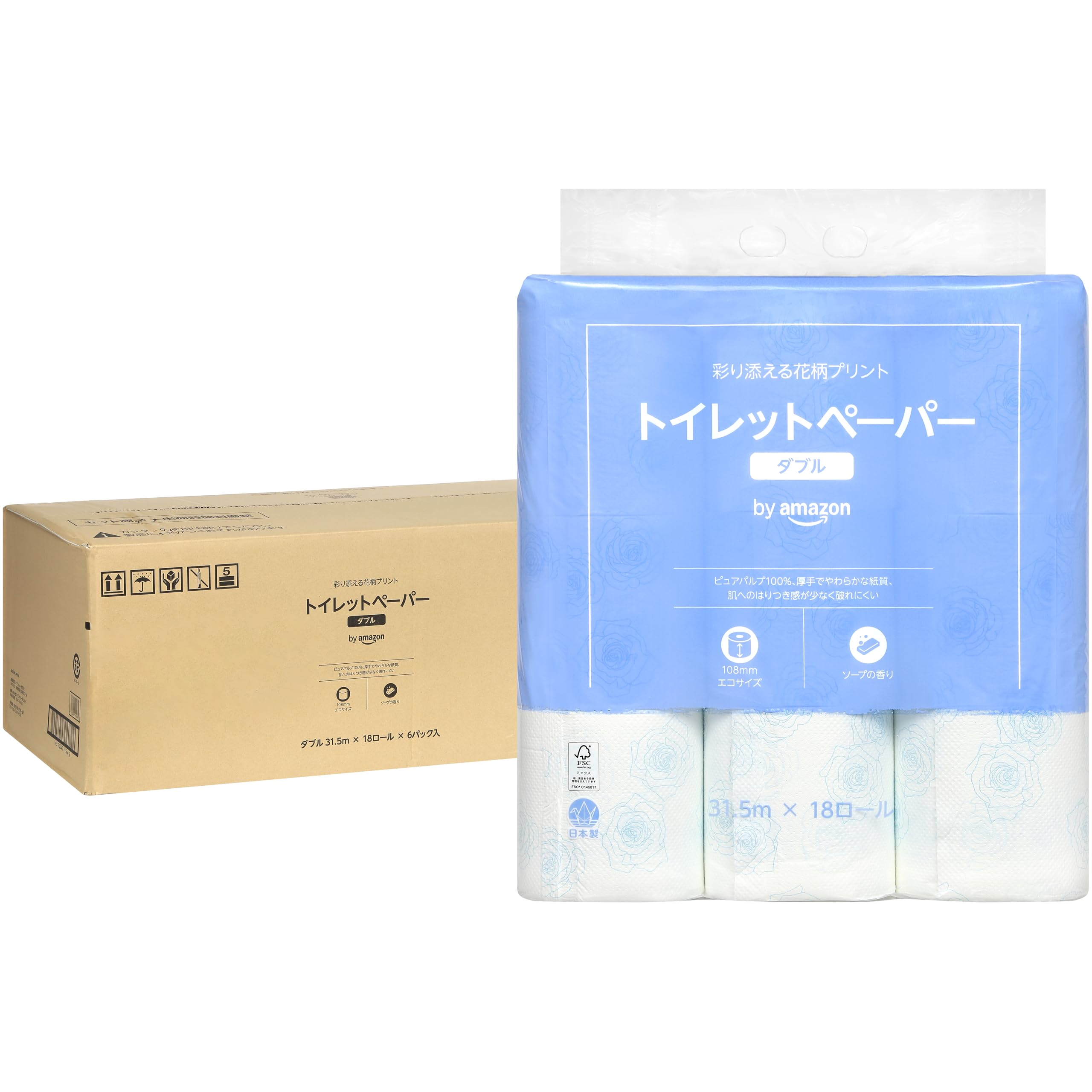 by Amazon 【ケース販売】花柄トイレットペーパー FSC認証紙 １０８ロール（１８ロール X ６パック）ダブル ソープの香り