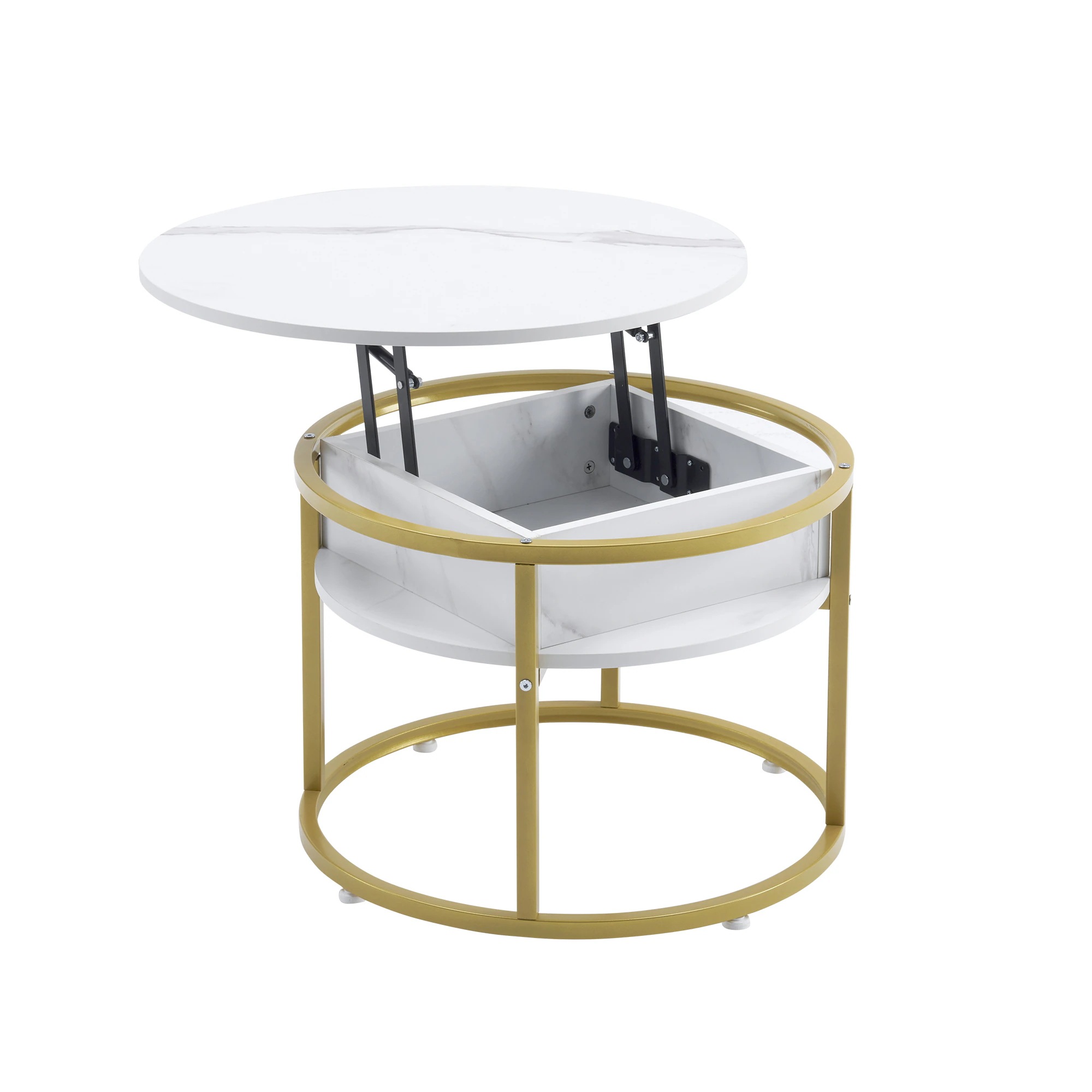 97【新作登場】昇降式テーブル センターテーブル 円形 大容量収納 大理石調 コーヒーテーブル ローテーブル 隠し収納スペース 北欧 モダン 昇降テーブル スチール脚【ホワイト（ゴールド脚）】