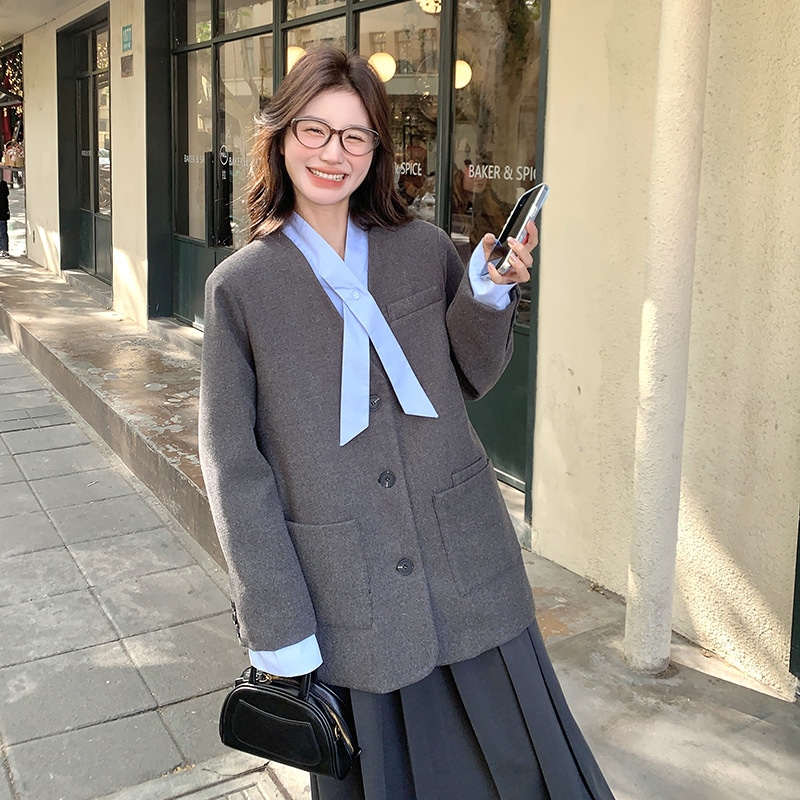 韓国スタイルのシャツスプライシングウールコート2024新しいファッションフェイクツーピースウールダウンジャケット