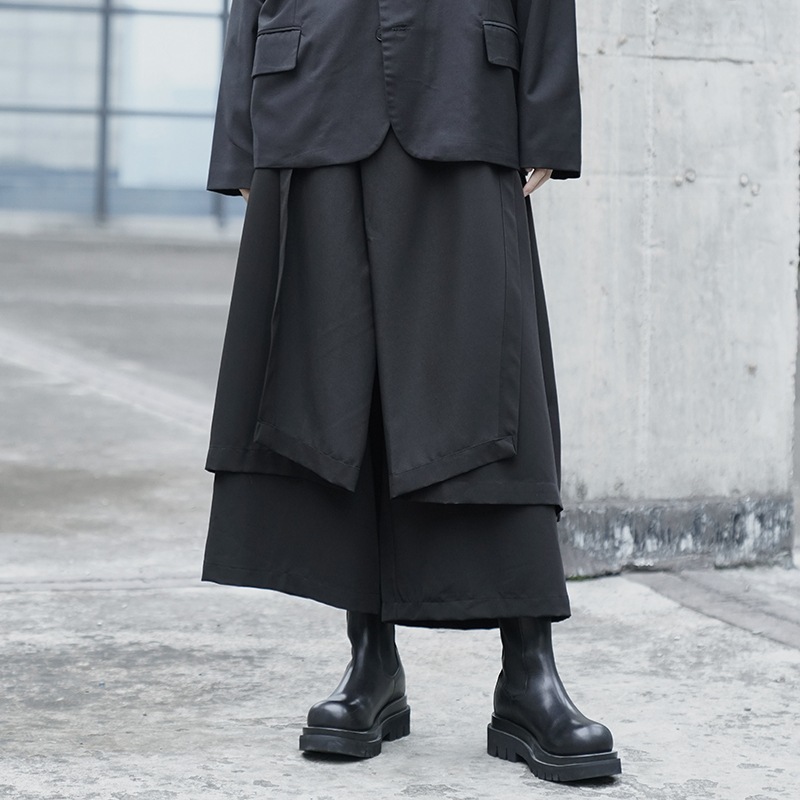 ボトムス パンツ ズボン ワイドパンツ ガウチョパンツ レイヤード風 ストレートパンツ アシンメトリー 九分丈 切り替え ウエストゴム イージーパンツ シンプル 変形デザイン 個性的 かっこいい