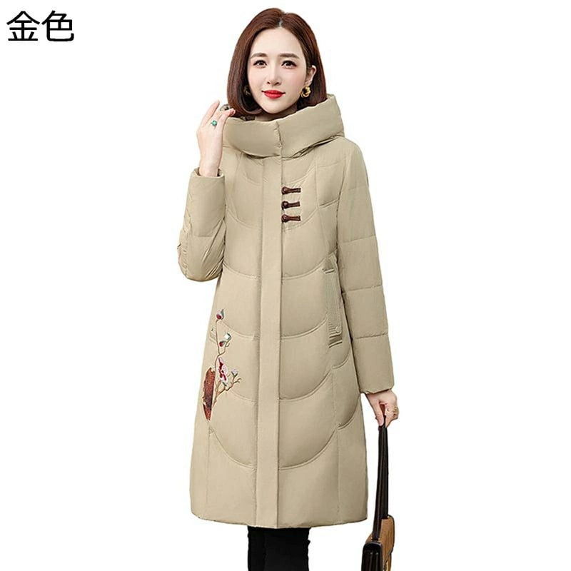 レディースアウタージャケット レディース アヒル羽毛 刺繍デザイン 花 花柄 ダウン入り フード付き ロングコート ダウンコート 長袖 秋 冬 暖かい コート おしゃれ トレンド 職場 通勤 会社